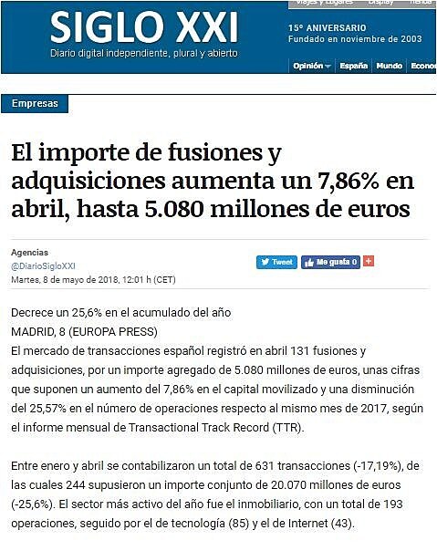 El importe de fusiones y adquisiciones aumenta un 7,86% en abril, hasta 5.080 millones de euros